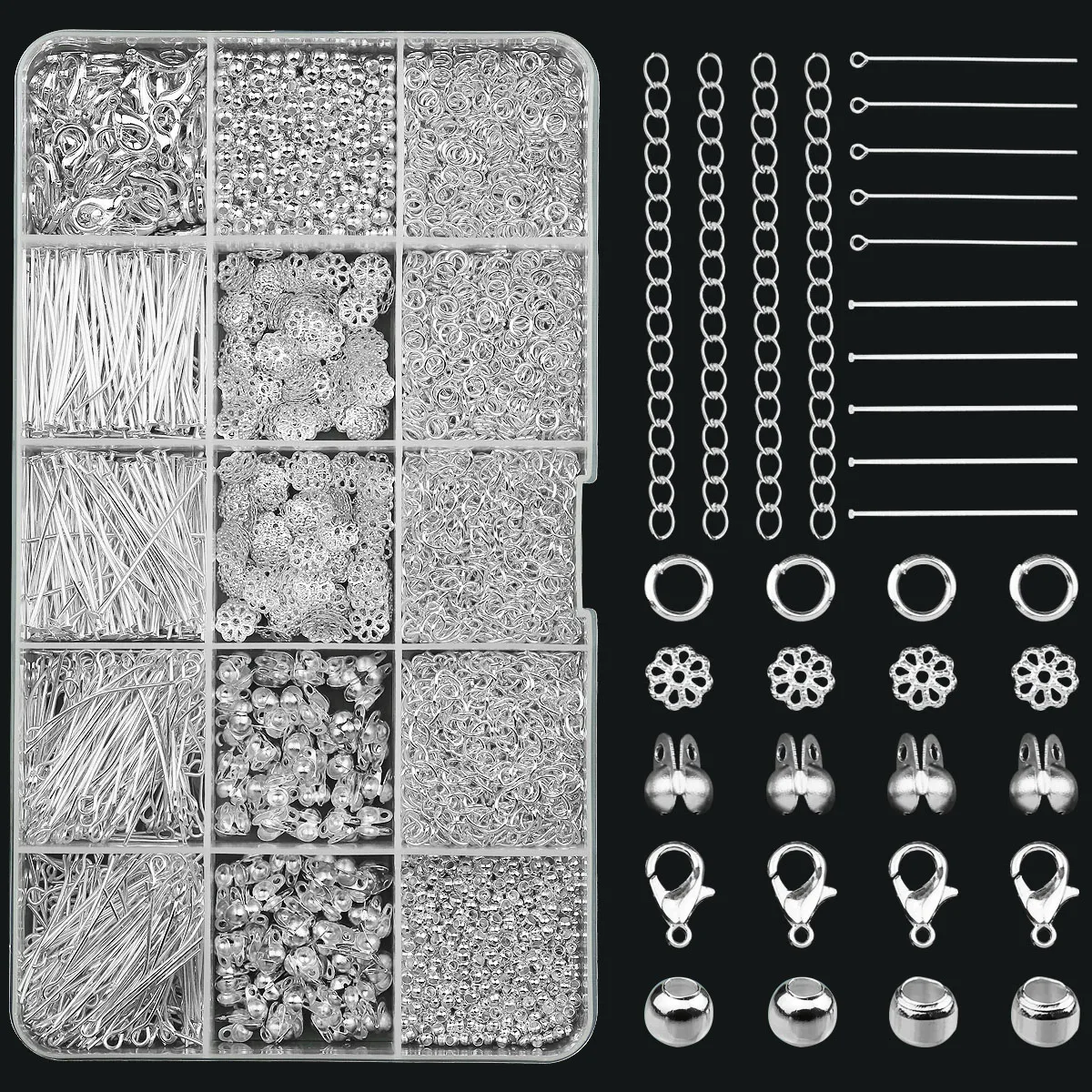 Silvery 15-compartment Ensemble Large Set Lobster buckle clasp 9-Shaped needles chain Locator beads For DIY Jewelry Accessories