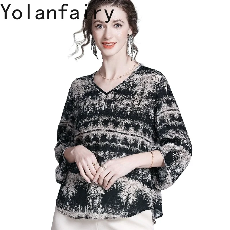 

YOLANFAIRY 100% Real Mulberry Silk Shirts for Woman Summer Vintage Loose Printed Blouse Elegant Womens Top Unique Black Shirt