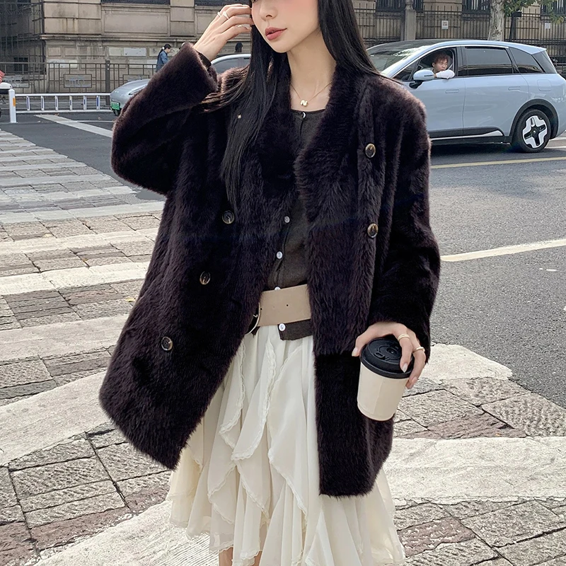معاطف الفرو الحقيقي امرأة المستوردة راجون الصوف مزدوجة الصدر الوقوف طوق بسيط تنوعا متوسطة طول سترة جلدية فرو الضأن #1