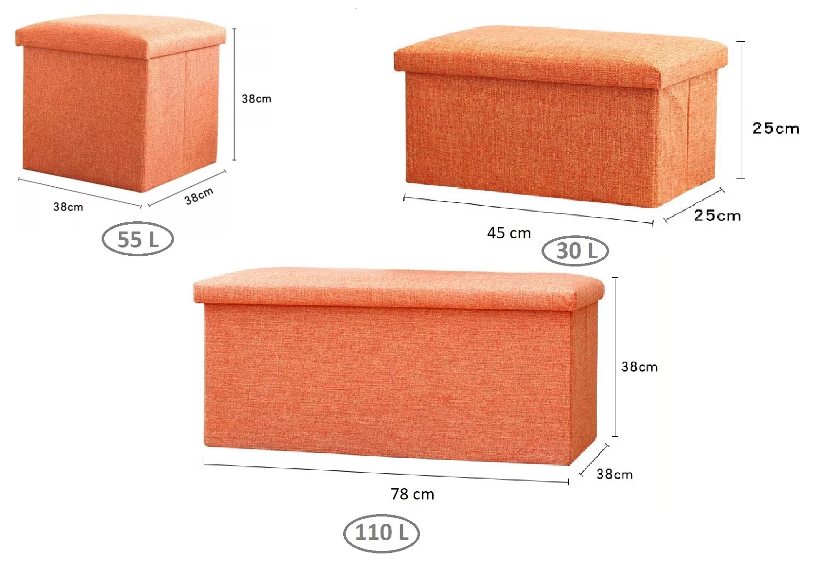 Storage Ottoman for Living Room, Foldable Upholstered Bench with Polyester Fabric, Comfortable Footrest, Available in 3 Sizes: 38x38x38cm, 78x38x38cm, 45x25x25cm. Ideal as Extra Seating, Toy Box, or Footstool.