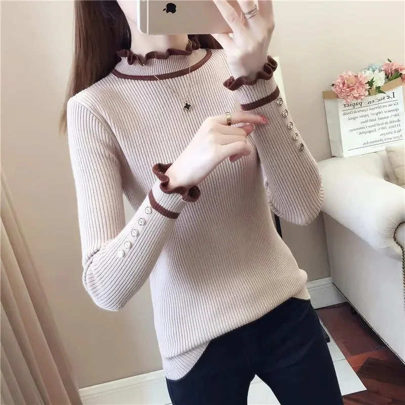 2023 New Vintage Pull Femme Stand Neck Fungus Edge Contrast Color Patchwork Jumpers Long Sleeve Chic Buttons Sweater