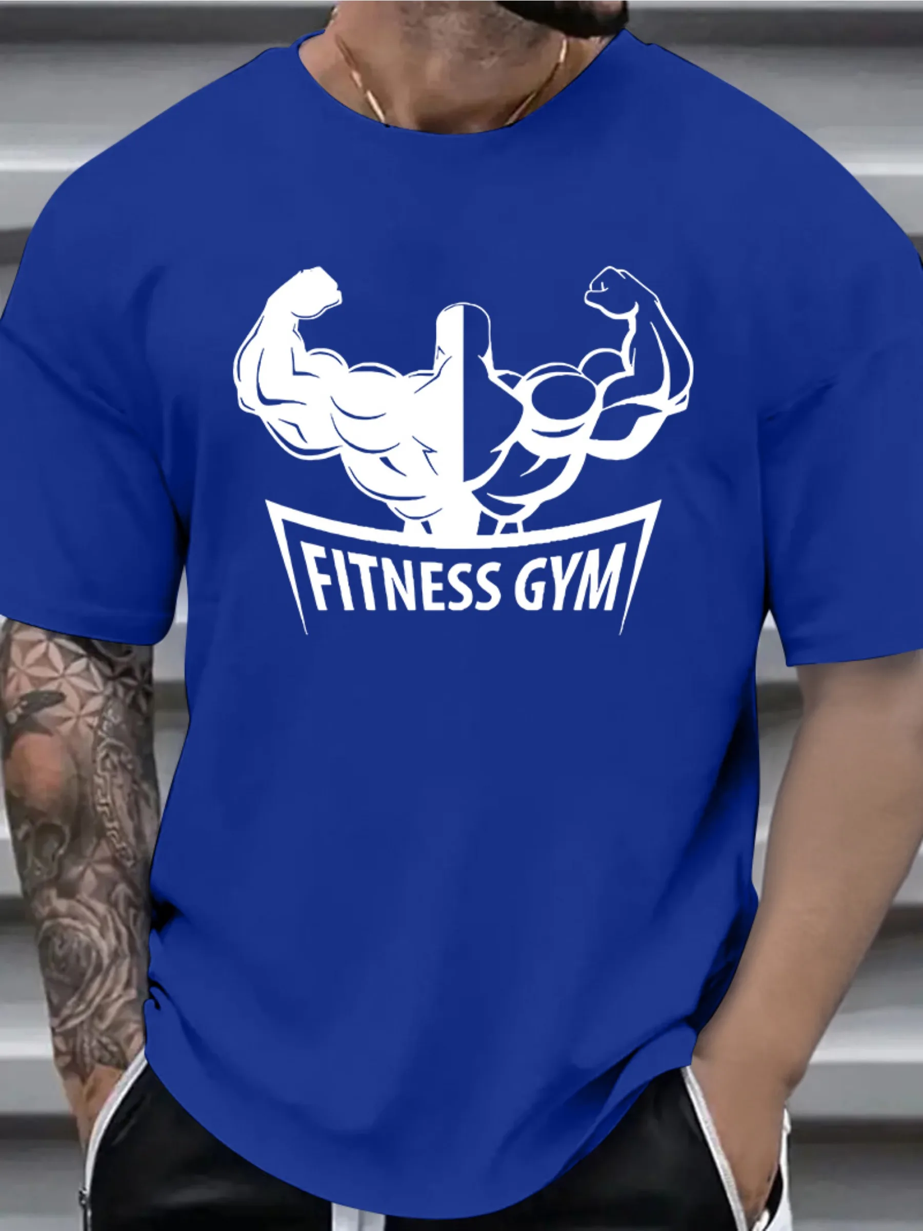 Gym Fitness pattern design- summer O-neck short sleeve casual printed men's T-shirt.