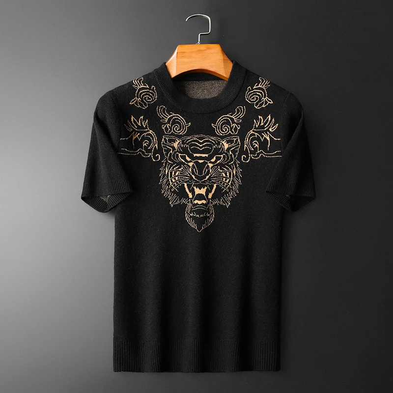 

Top Quality Wool T Shirt Tiger Head Short Sleeve Men T-shirt Korean Half High Neck Slim Knitted T-shirt Men Social Club Outfits