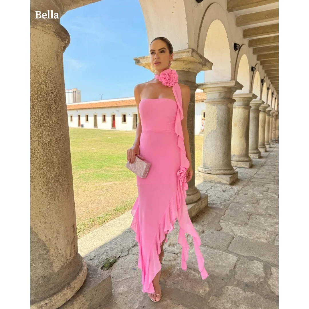 

Bella Customized Hot Pink Strapless Prom Dress with Floral Neck Detail, Asymmetrical Ruffle Trim and High Low Hem Party Dresses