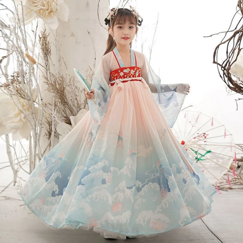 Novo vestido retrô chinês hanfu para meninas, vestido de imitação da dinastia tang para meninas