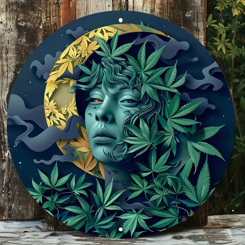 

Aluminum Metal Sign: A Stunning Vector Illustration of A Green Woman Amidst Leaves - Perfect for Artistic Decoration
