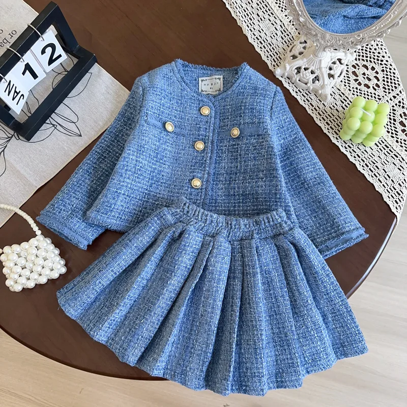 

Kids Clothing Set Autumn Spring Long Sleeve O Neck Button Coat Blue Pleated Skirts 2Pcs Sets Casual Girls Ouitfits Set 2-8Yrs