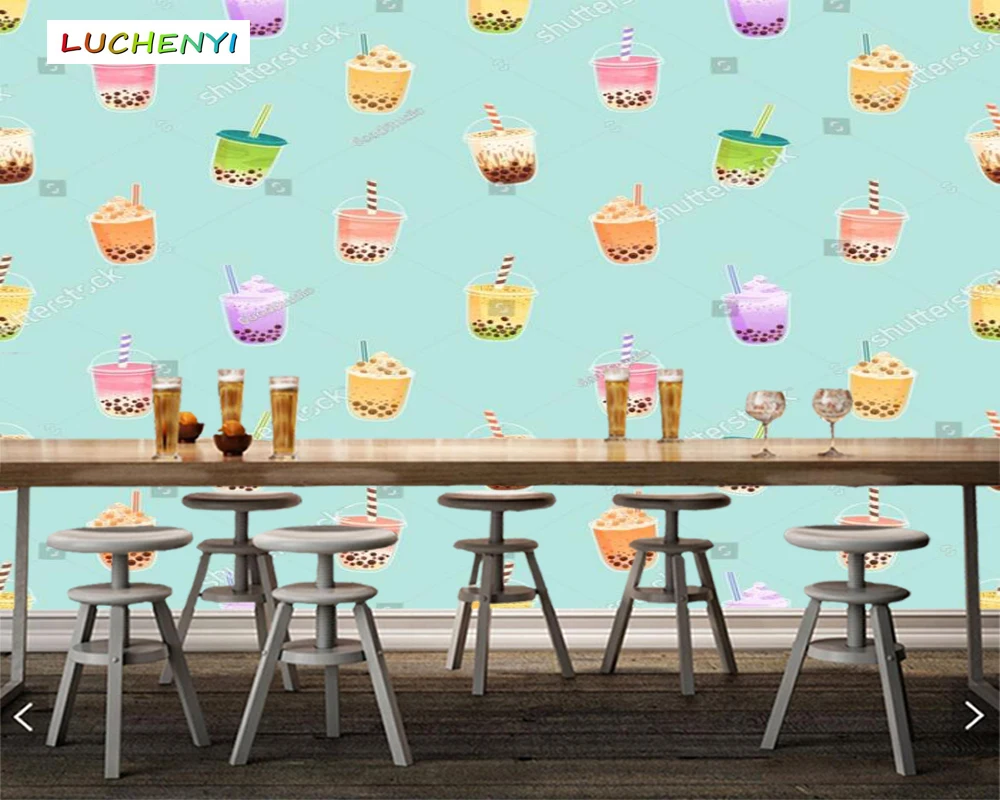 Papel de parede custom cute cartoon bubble tea 3d wallpaper mural, restaurant juice shop kitchen dining room wall papers sticker