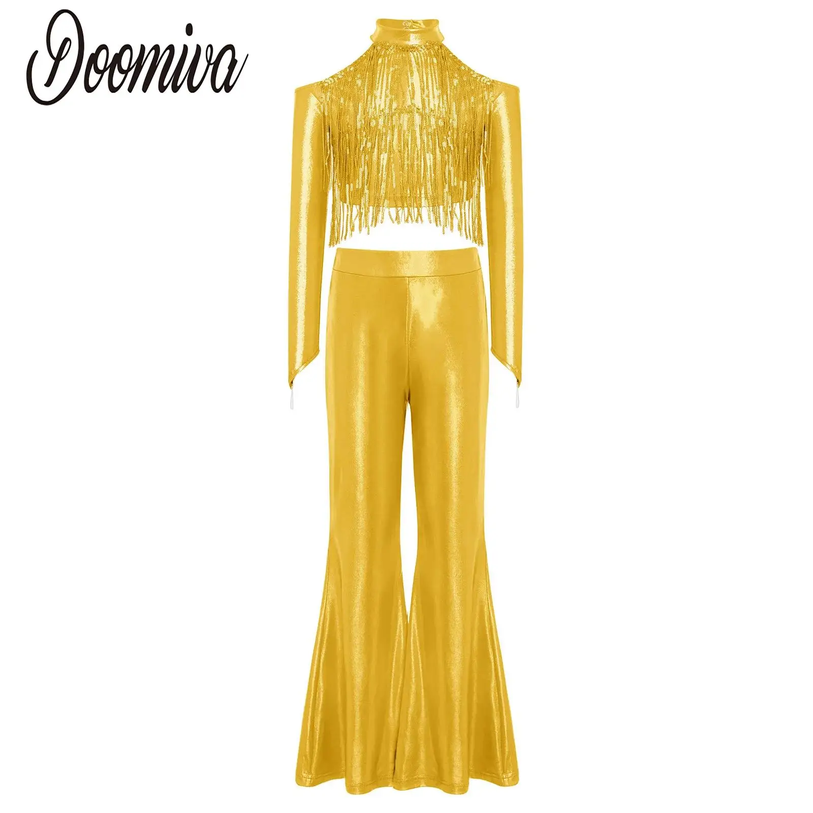 

Kids Girls Sparkly 70s Disco Costume Tassels Jazz Tango Latin Dance Outfit Cold Shoulder Long Sleeve Sequin Crop Top with Pants