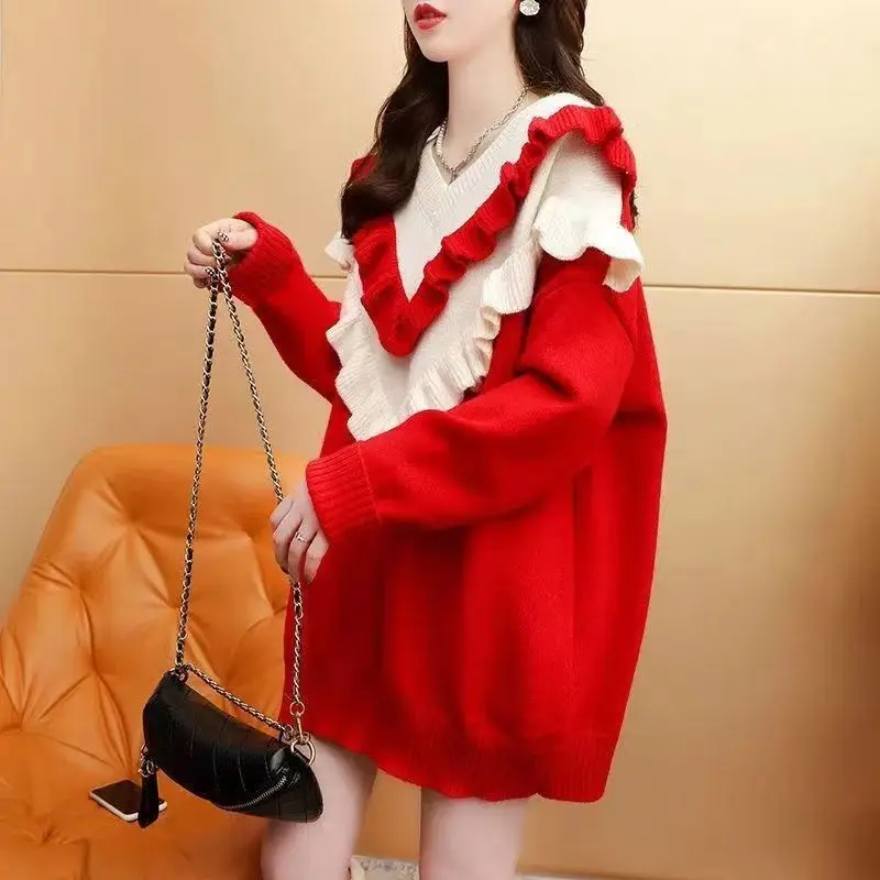 Women's Pullover Sweater Korean Loose Sweater V-neck Stitching Wooden Ear Long Sleeve Sweater Female