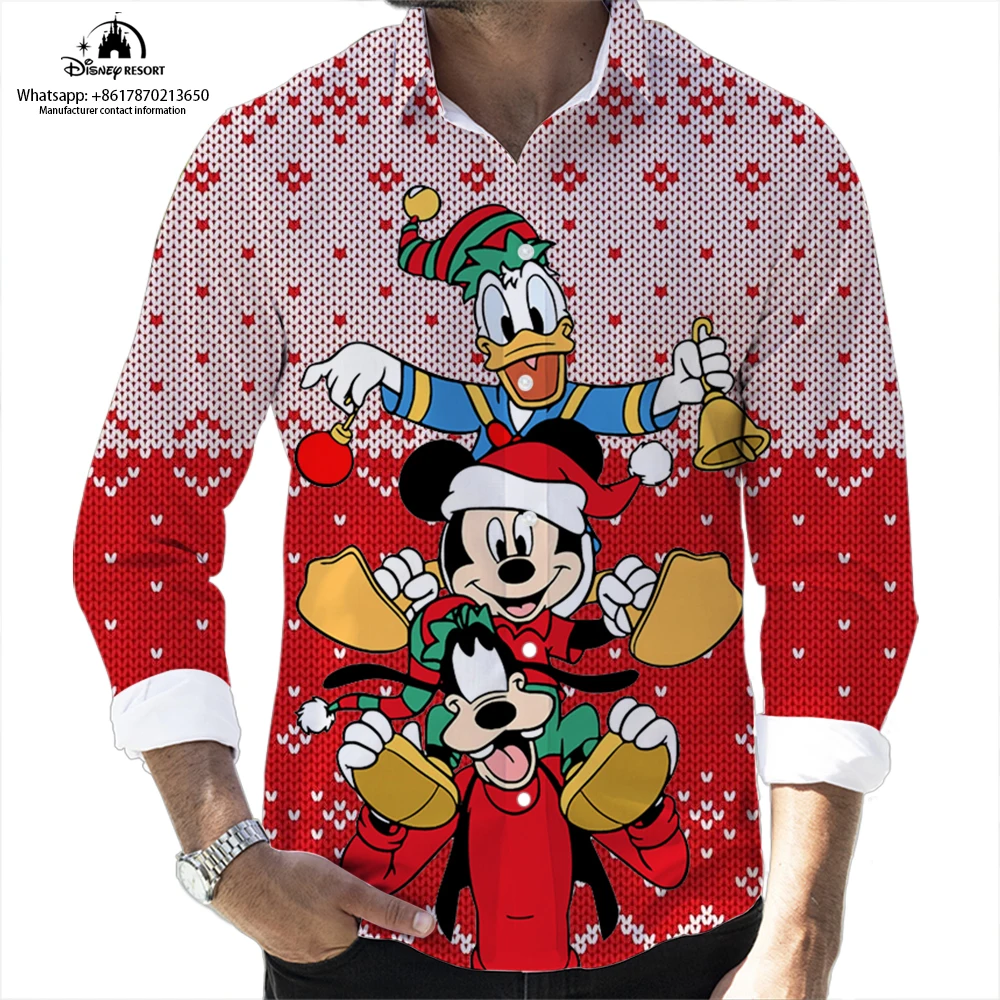 Winnie the Pooh and Mickey Anime Christmas New Autumn Disney Casual 3D Color Printing Long Sleeve Lapel Shirt Slim Fit Men Tops