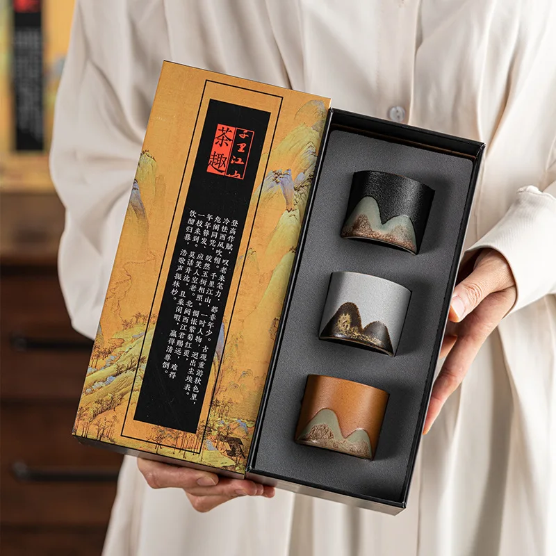 

‌Vintage Tea Cup Set 3 Piece Hand Painted Ceramic Gongfu Teacups Set Compact Gift Box for Tea Tasting or Corporate Gifting