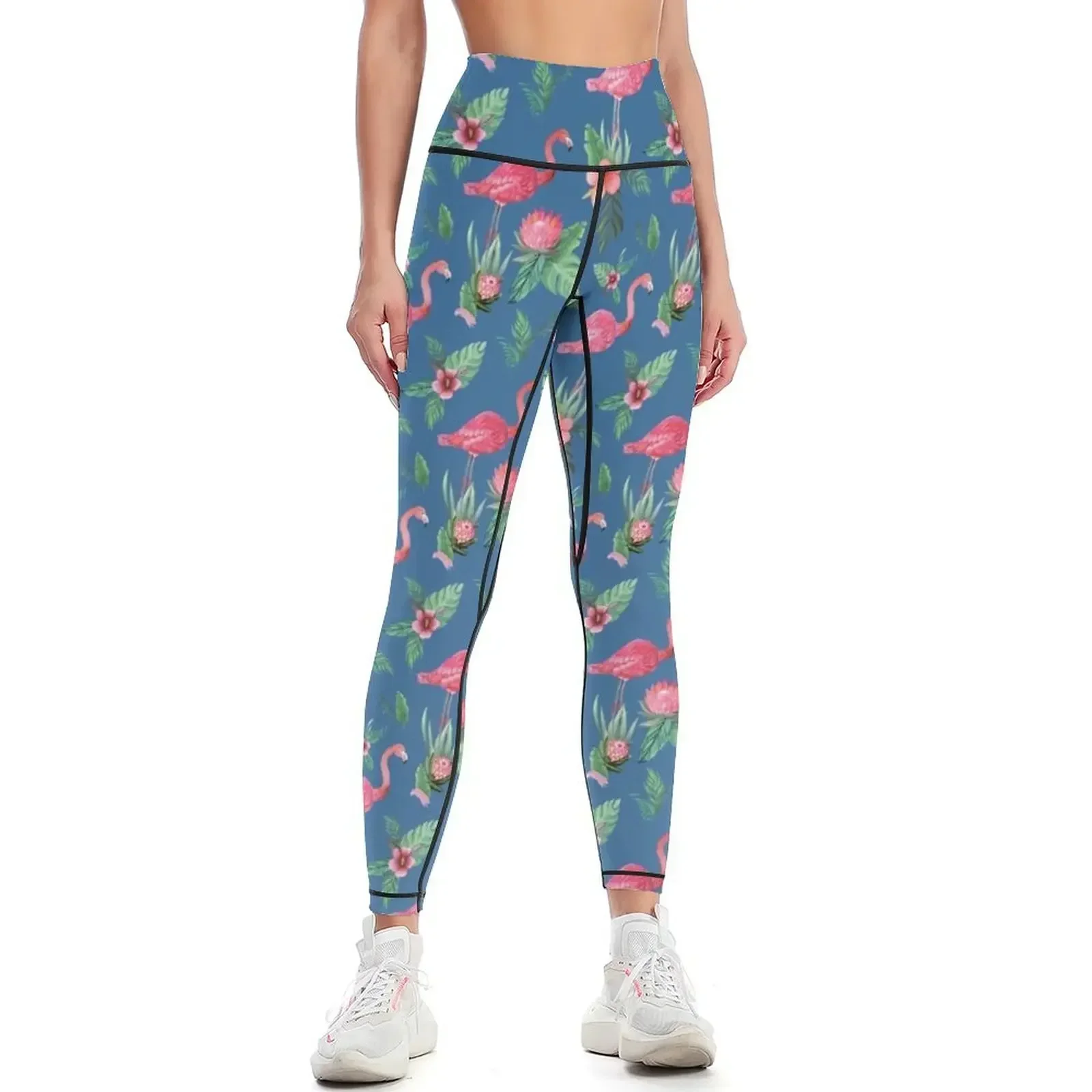 Flamingo Watercolor painting with Protea, Hibiscus and Palms by MagentaRose Leggings Women's sportswear gym wear Womens Leggings