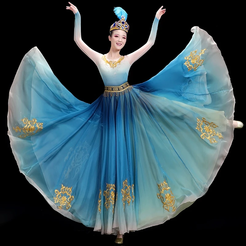 

Woman Chinese Xinjiang Dance Costume Traditional Fok Dancewear Big Swing Vintage Dress Tibetan Performance Practice Clothing