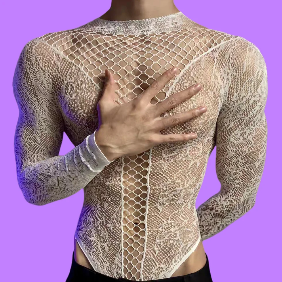 Men's Christmas Bodysuits Male Long Sleeved Uniforms Autumn Winter Underwear Fetish Breathable Gentlemen Mesh Clothes White Red image 6