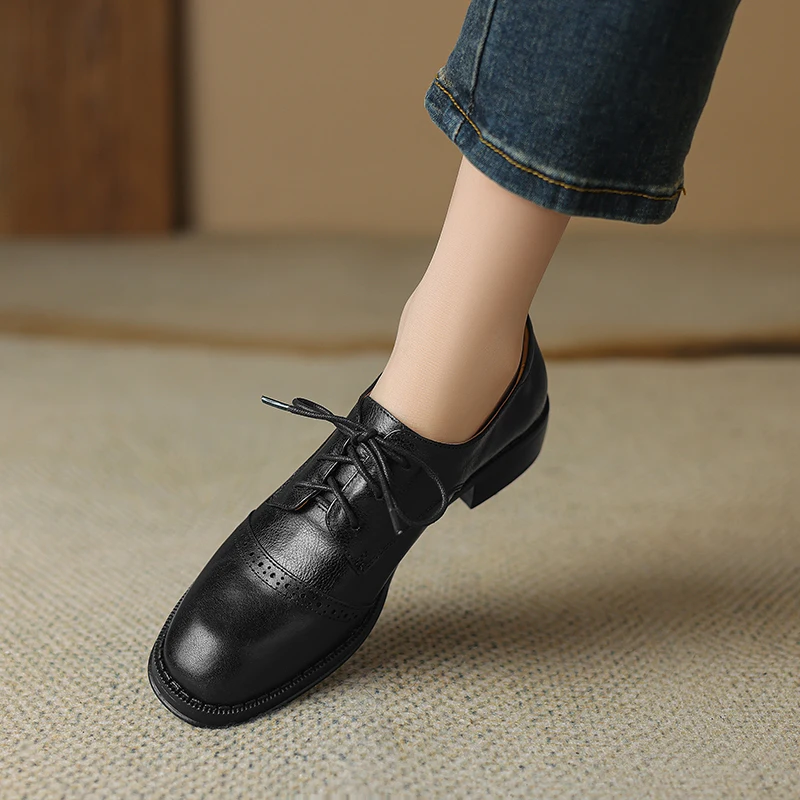 

2024 New Pumps Oxfords Spring Shoes for Woman Genuine Leather Brogues Vintage Lace Up Loafers Casual Handmade Black Ladies Shoes