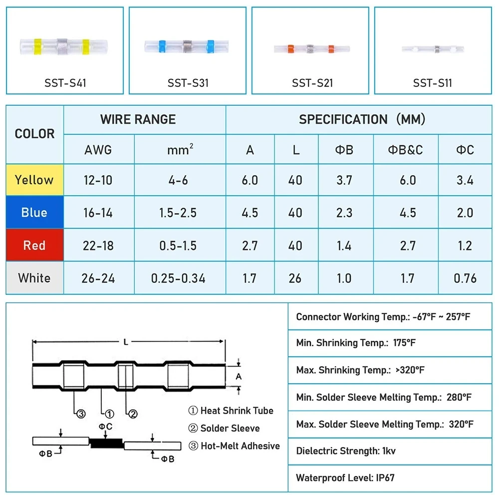 KERE 50/100/120/150/200/250/300/400/600Pcs Waterproof Connector AWG Heat Shrink Butt Crimp Terminal Wire Cable Splice Kit