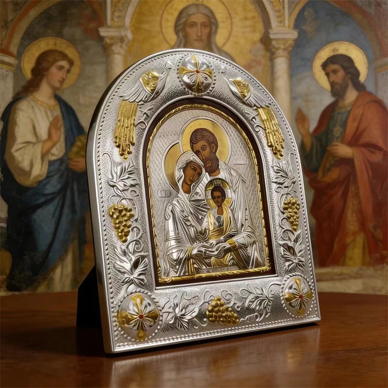 Silver Gold Plated Orthodox Holy Family Icon with Embossed Arch Frame for Church Liturgy Home Altar Prayer Devotion Christian