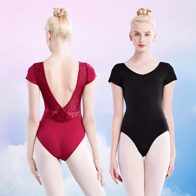 Women Ballet Leotards Backless Lace Splice Dance Leotards Short Sleeve Gymnastic Leotards Adult Yoga Ballet Dance Bodysuit