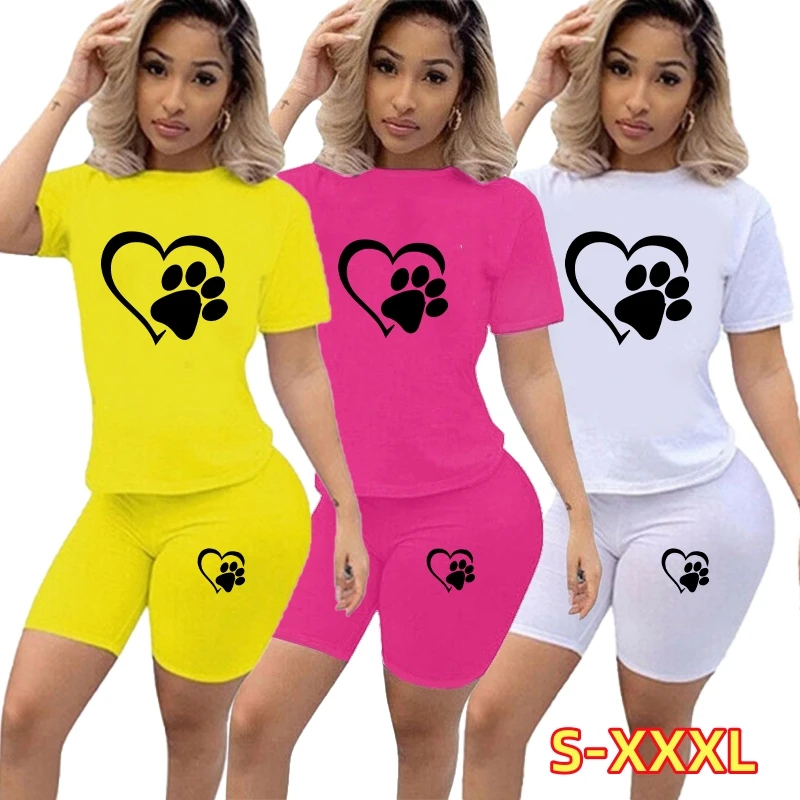 T-shirt e shorts impressos Cat Paw para mulheres, conjuntos de moda, fatos de treino, roupas esportivas, 2 peças