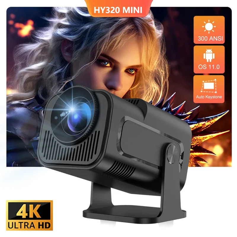 Projetor de Vídeo Mini HY320 Nativo 720P Android 11 300ANSI Wifi6 Cinema Portátil para Uso Externo 180 °   Projetor Rotativo BT5.0 4K para Filmes