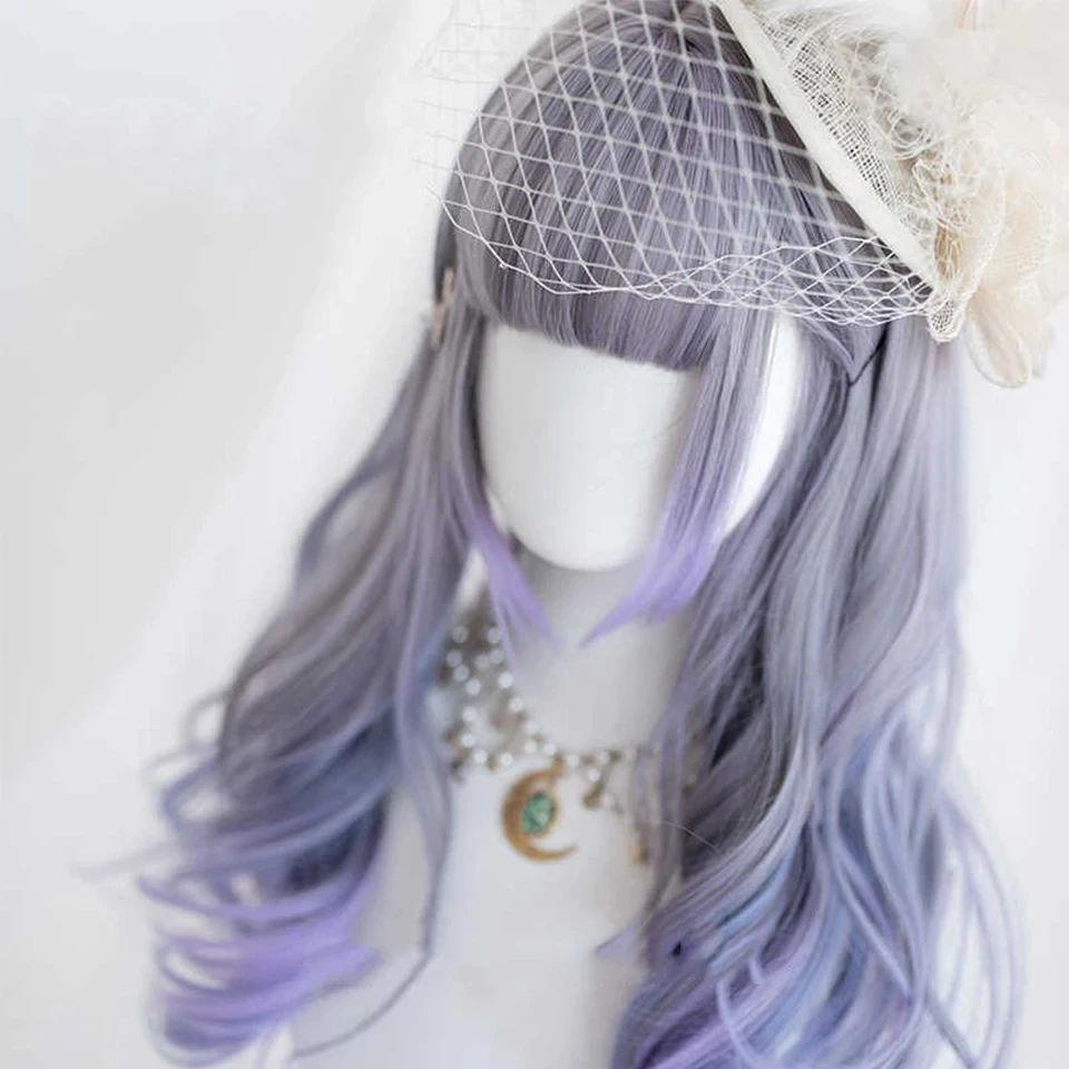 Grey Blue Purple Ombre Synthetic Wigs for Cosplay Long Curly Wavy Layered Wigs with Bangs for Women Heat Resistant Fake Hair image 2