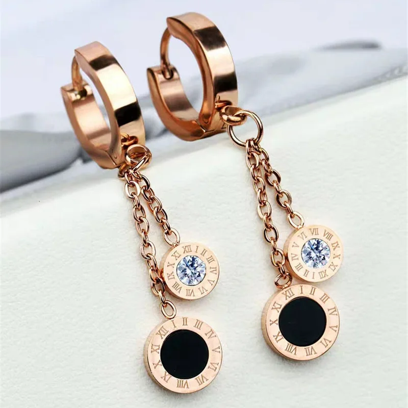 Fashion Round Roman Numerals Tassel Circle Dangle Earrings Rose Color Stainless Steel Cubic Ziron Earrings Women Party Gift