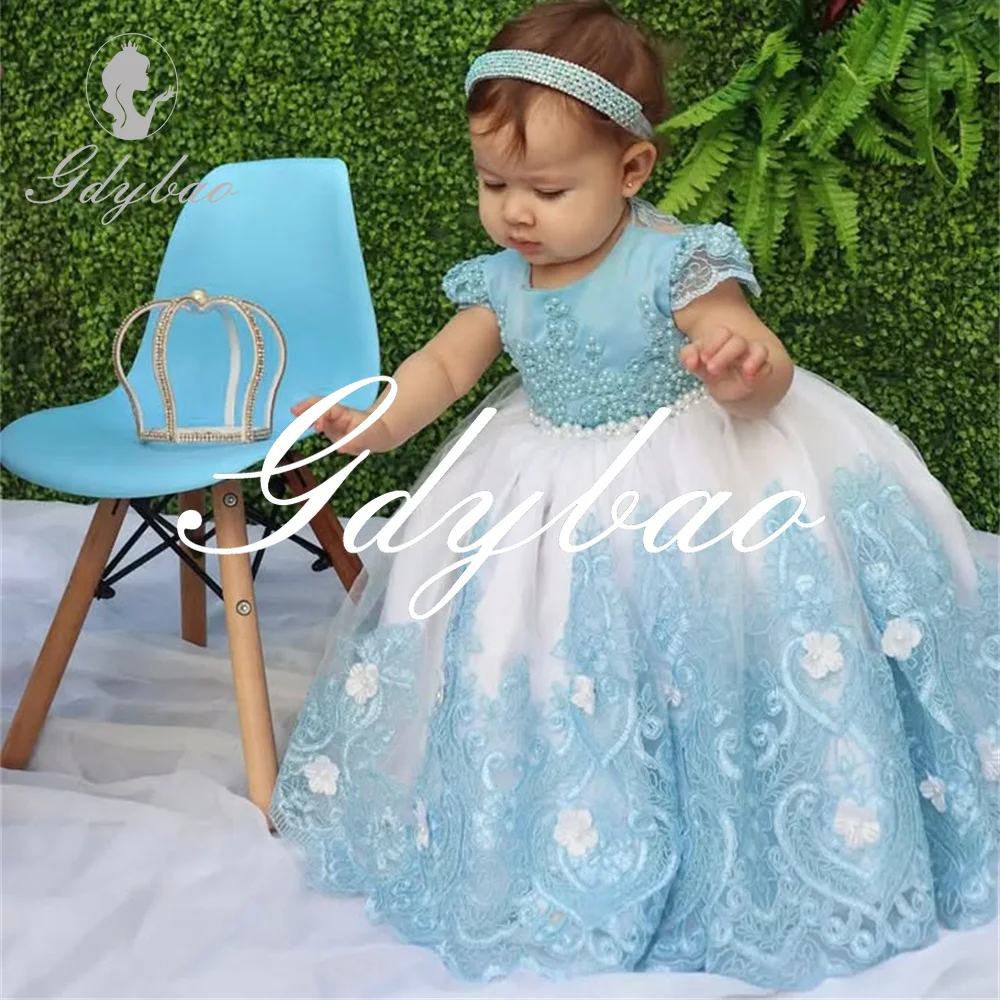 Flower Applique O Neck Beading Short Sleeve A Line Flower Girl Dress Floor Length Long Ball First Communion Dress Customized