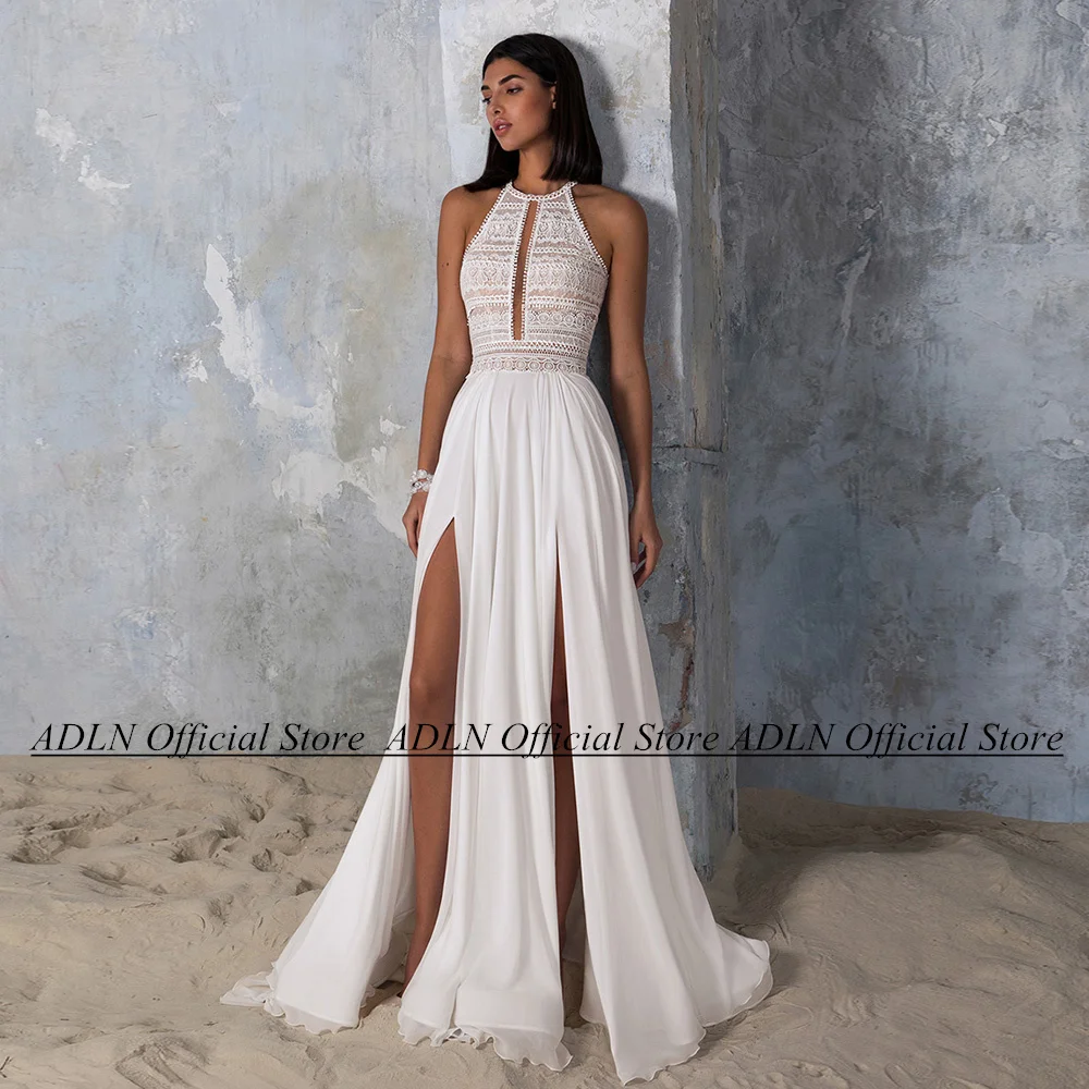 Boho Hochzeits kleid Strand Brautkleid o Hals ärmellose böhmische Spitze Chiffon eine Linie Brautkleider fegen Zug Robe de Mariee