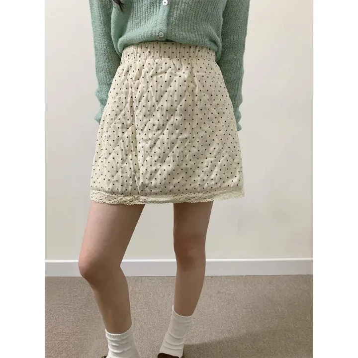 High Waist A-Line  Skirt Women's Chic Faion Dot Lace Trim Sweet Younging Effect Korean Sle Commute Friendly