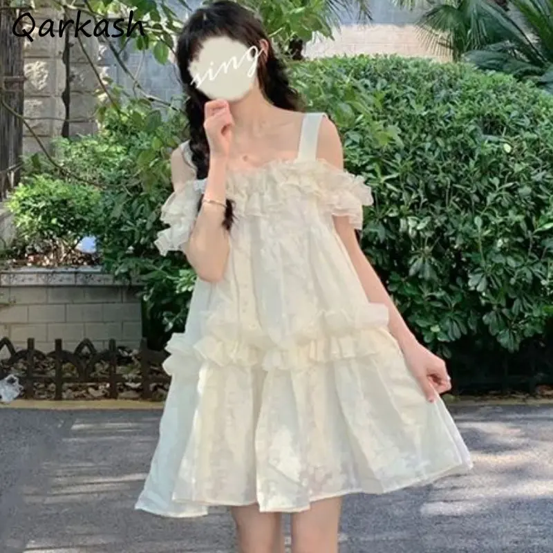 Slash Neck Dress Women Ruffles Mini Sweet Loose Simple Elegant Summer Sleeveless Fashion College Vacation Korean Style All-match