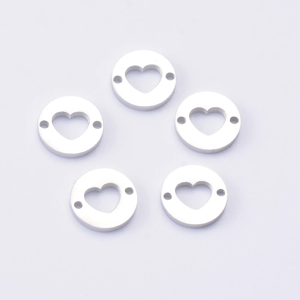 10 Stück/Set Edelstahl Runde Herz-Anhänger für Armbänder und Halsketten, DIY-Schmuck-Verbinder, Zubehör mit 2 Löchern – Detail 2
