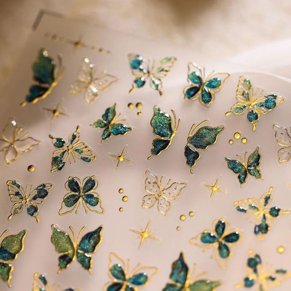 1 unidad de pegatinas para decoración de uñas con mariposa verde dorada bronceadora de gelatina, diseño de brillo con Flash 5D, adhesivo para decoración de uñas, accesorio de manicura