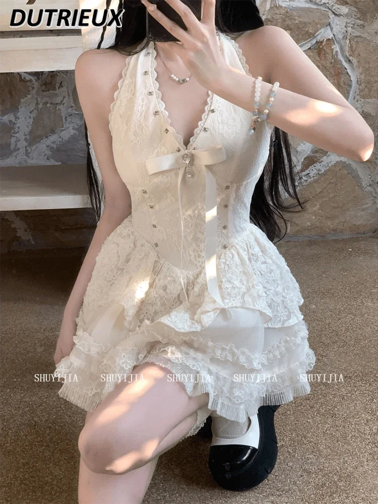 

Slightly Fat Girls Pure Desire Sweet Wind Neck Sleeveless Dress Women's V-neck Waist Slimming Fluffy Cake Short Dresses
