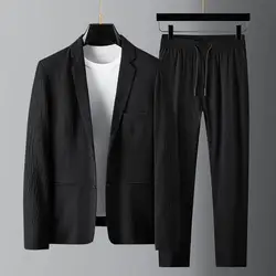 Simple Design Blazer Pants Lace-up Spring Summer Solid Color Jacket Elastic Waist Trousers  Temperament Men Suit for Party