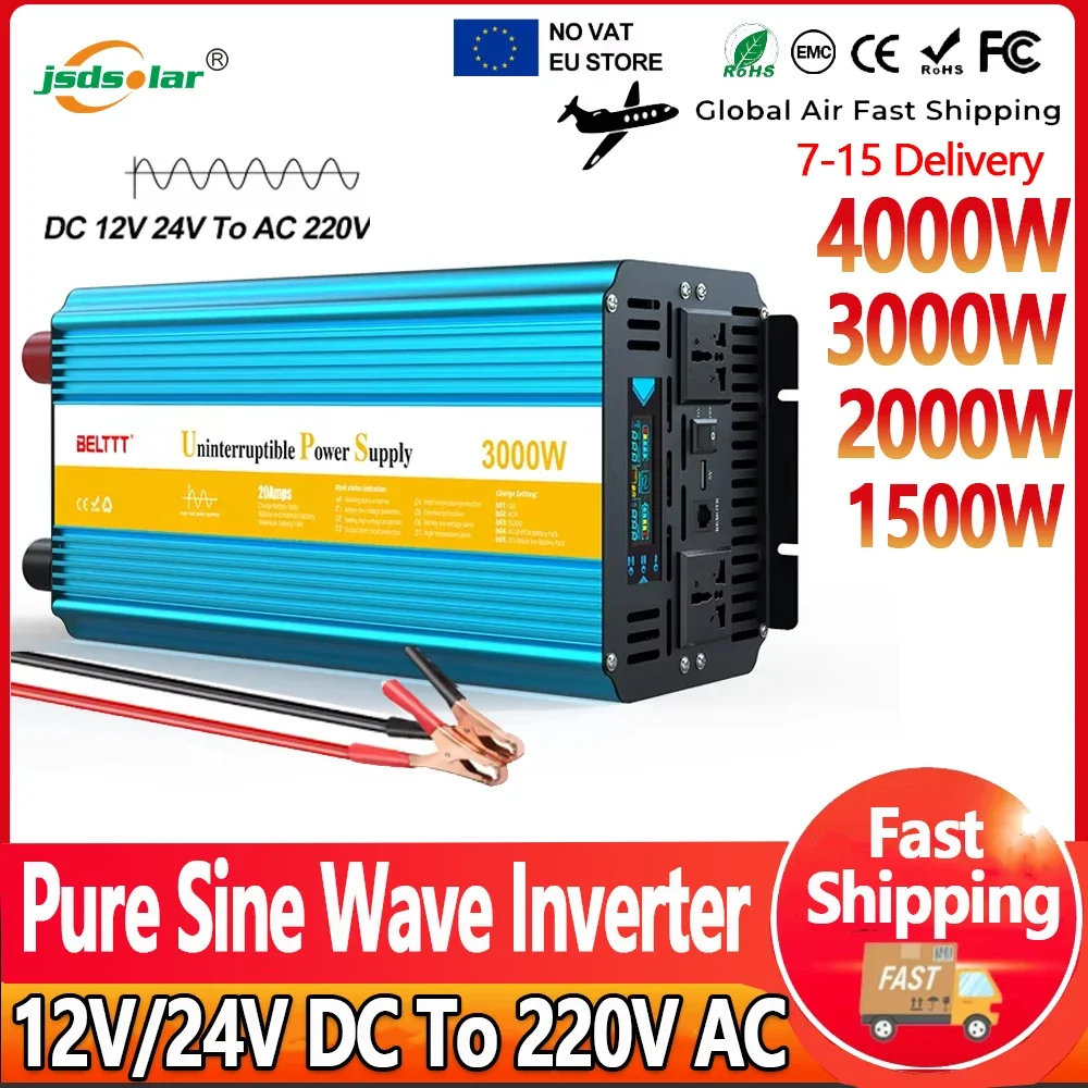 Pure Sine Wave Inverter DC 12V 24V AC 220V Power 4000W 3000W 2000W 1500W Car Inverter Charge Converte With LED Display