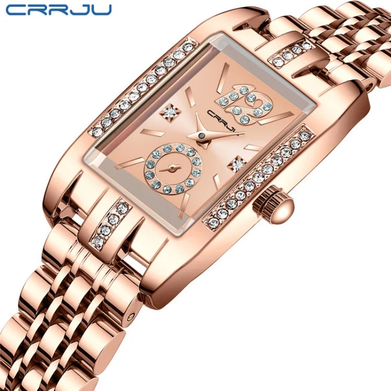 CRRJU 5017 Fashion Quartz Watches for Women Elegant Diamond Square Case Stainless Steel Waterproof Simple Business Ladies Watch