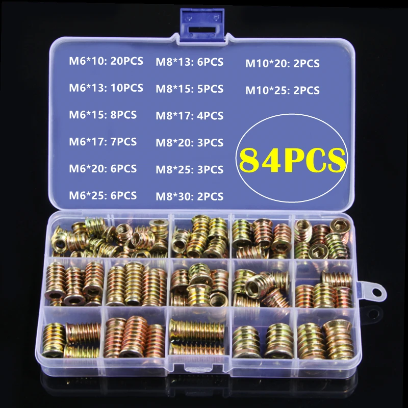 

84PCS M6/M8/M10 Threaded Nuts Wood Insert Tool Assorted Furniture Screw Inserts Nut Bolt Fastener