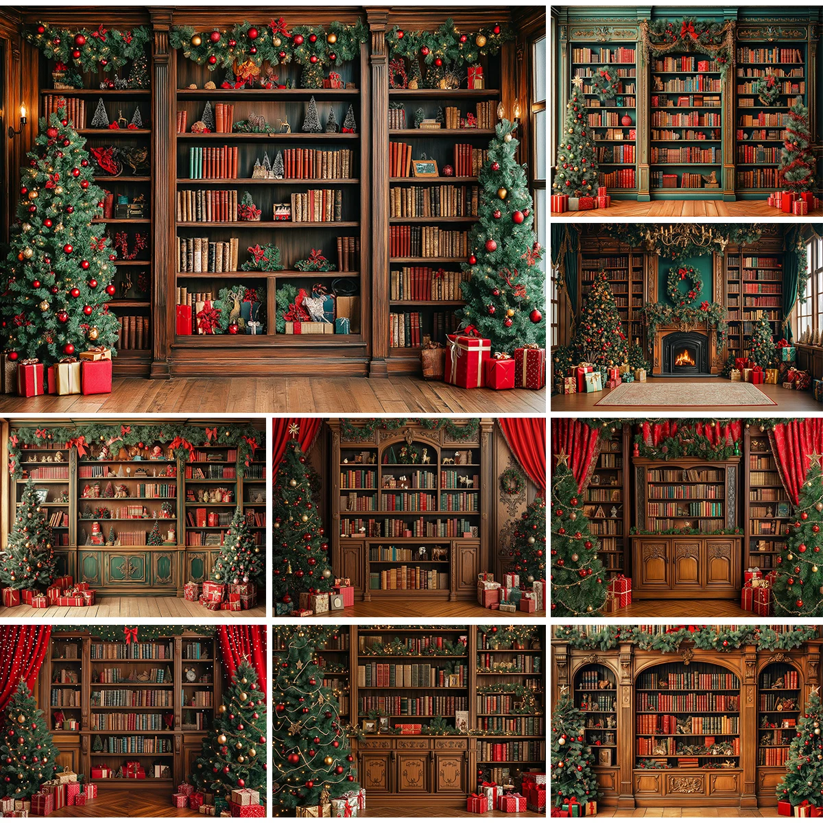 

Vintage Bookcase with Books Photography Backdrops Room Christmas Tree Decor Background Adult Kids Photocall Photo Background