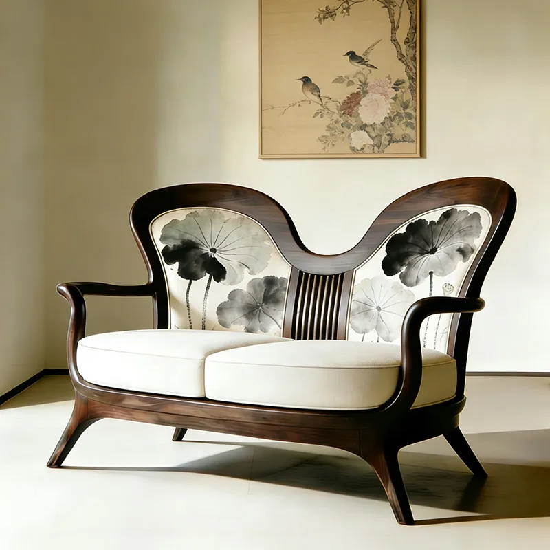 New Chinese-style North American black walnut sofa Song-style aesthetics butterfly-shaped fabric printing pattern living room