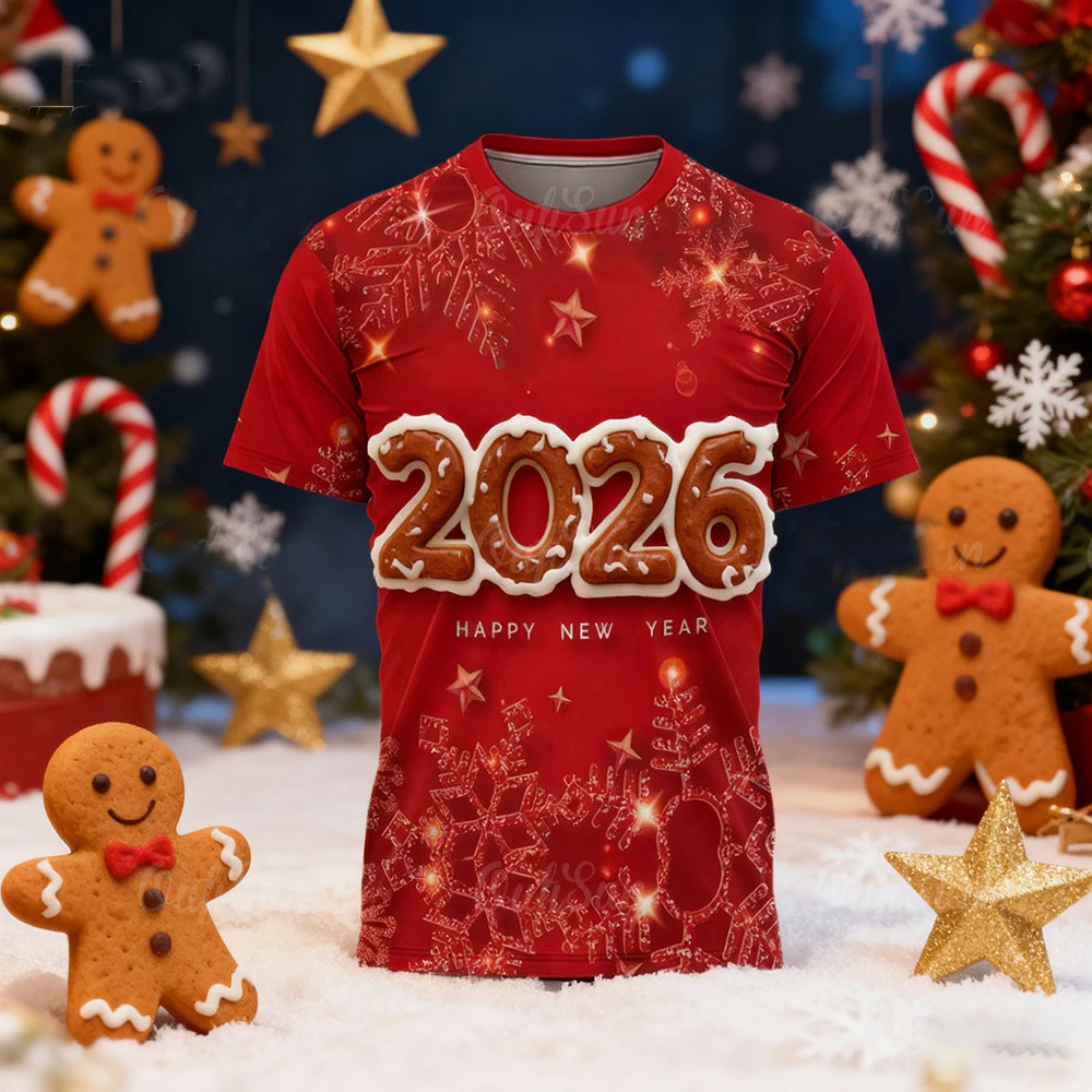 

Happy New Year 2026 Merry Christmas Tshirt For Men Women Casual Short Sleeved Xmas T-shirt Clothes Christmas Party Gift Shirt