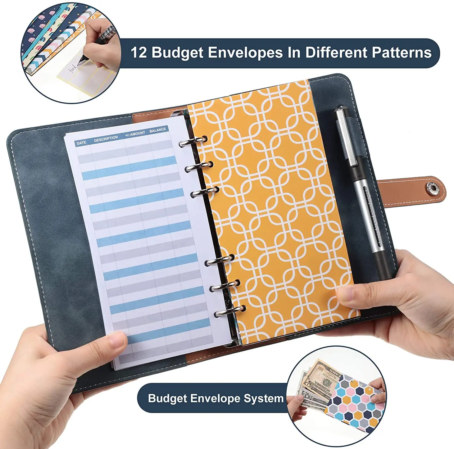 A6 Budget Binder Soft leather Budget binder cover with 12 budget envelopes and 12 expense sheets for billing planning