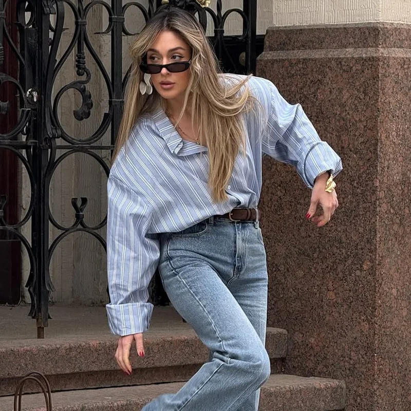 

Women's clothing 2025 autumn new style temperament lapel loose stripe design sense long sleeved shirt top