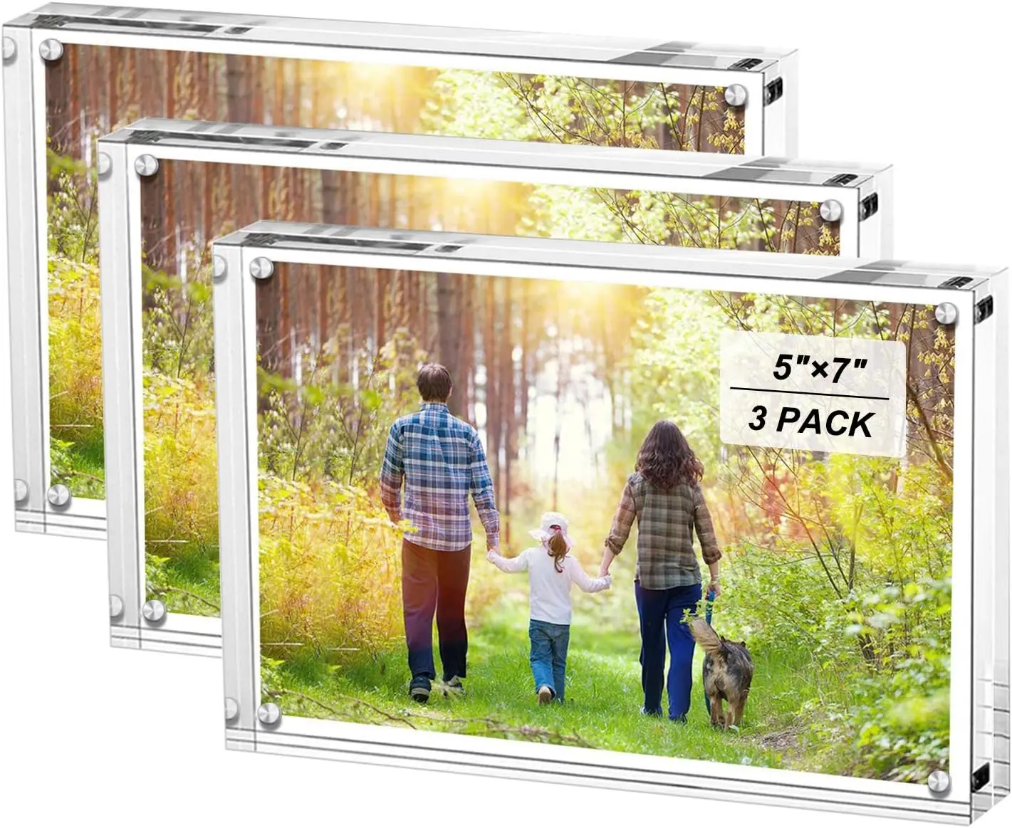 5x7 Inches Acrylic Picture Frames- 3 Pack, Desktop Frameless Photo Frames with Magnetic, Double Sided Transparent (3 Pack)