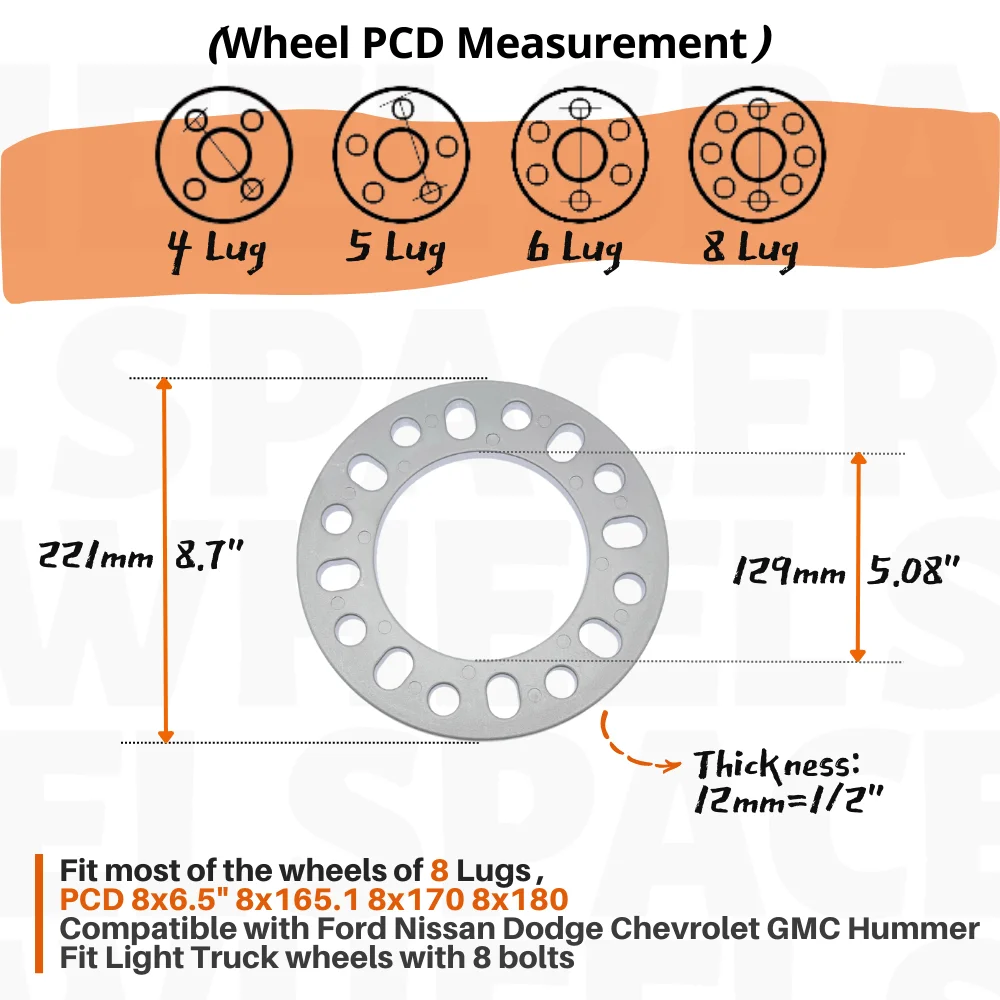 12mm Universal Wheel Spacers for Most 8 Lug Wheel Bolts Pattern PCD 8x6.5 8x165.1 8x170 8x180 for Ford Hub Wheel Adapter Qty(2)