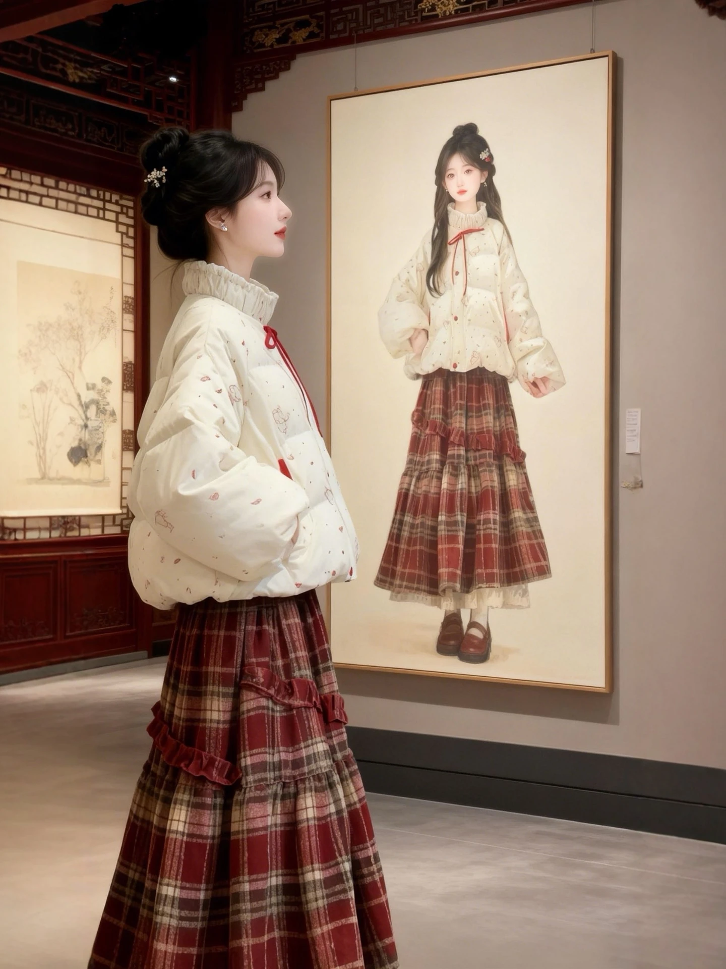 

Winter Warm Cotton Jaet And Plaid Skirt Two-Piece Set for Women plus Size Cisas New Year Faion Ensemble Polyester Fabric