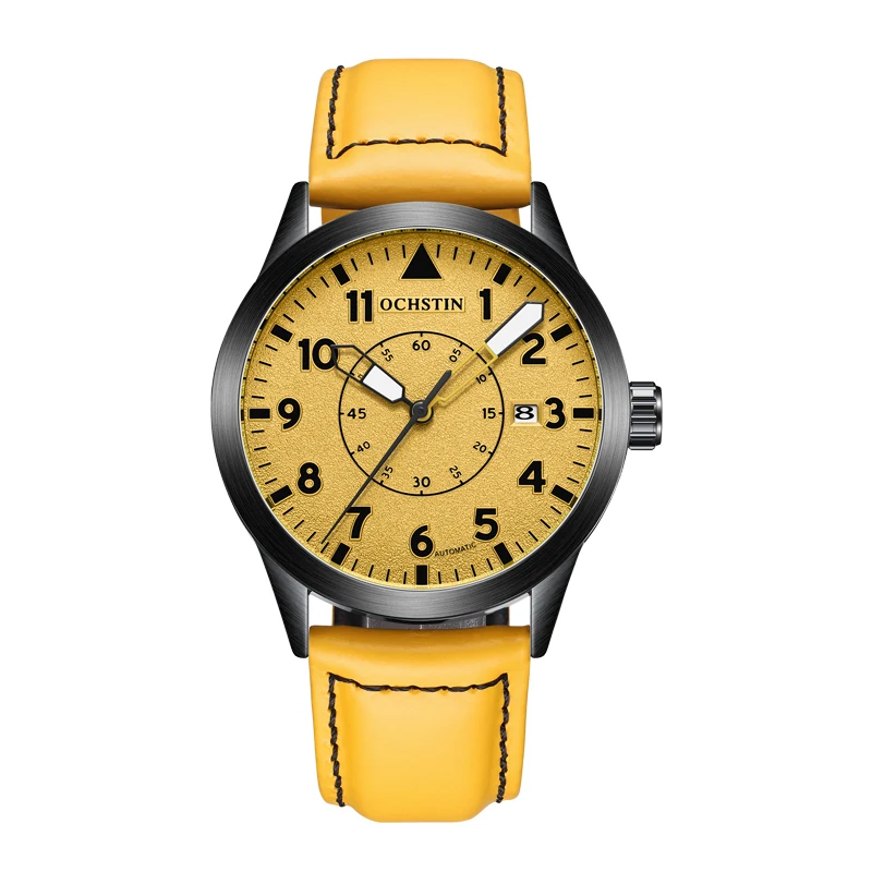 OCHSTIN New Men Watch Yellow Dial Calendar Leather Strap Mechanical Wristwatch Military Army Sport Male Clock Relogio Masculino