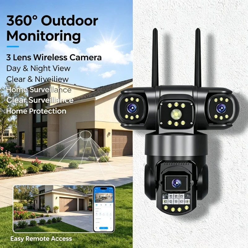 Outdoor Waterproof 3‑Lens WiFi CCTV 4G SIM 360° View Remote Yard Real‑Time Wireless Surveillance Camera Unit