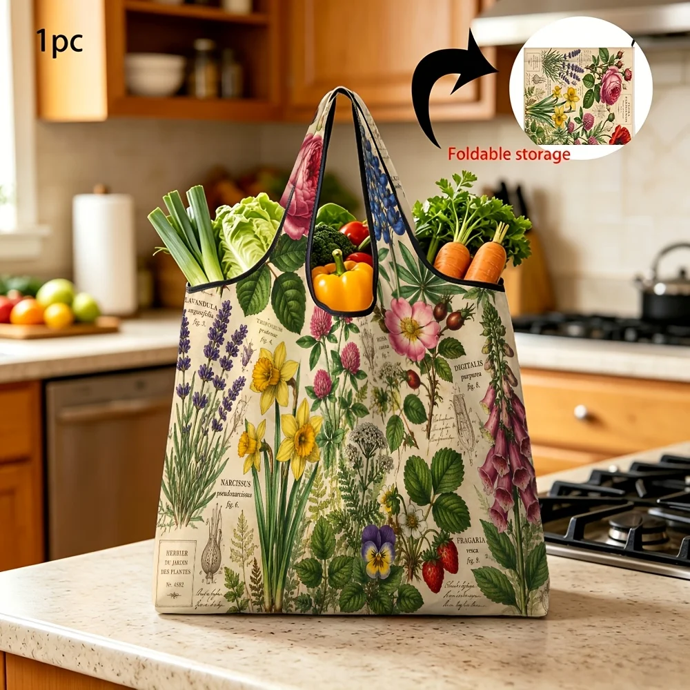 1pc Reusable Grocery Bags Vintage Botanical Herbs Flowers Print Foldable Portable Large Capacity Shopping Bag