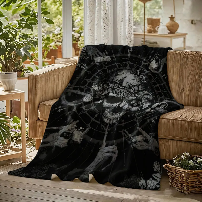 Gothic Skull Motif Flannel Blanket Perfect for Sofa Office Bed Travel Sleep Read Relax Camping Four Season Use
